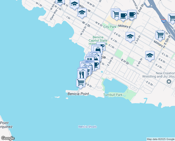 map of restaurants, bars, coffee shops, grocery stores, and more near 120 West D Street in Benicia