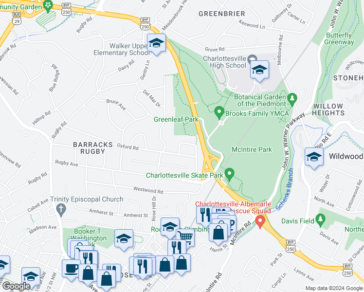 map of restaurants, bars, coffee shops, grocery stores, and more near 1444 Plymouth Road in Charlottesville