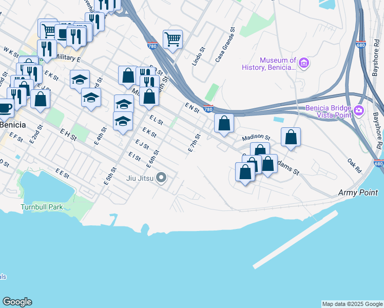 map of restaurants, bars, coffee shops, grocery stores, and more near 1100 East 7th Street in Benicia