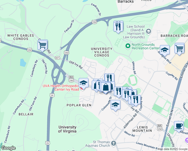 map of restaurants, bars, coffee shops, grocery stores, and more near 112 Harvest Drive in Charlottesville
