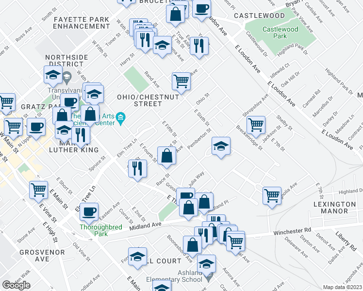 map of restaurants, bars, coffee shops, grocery stores, and more near 414 East Fifth Street in Lexington