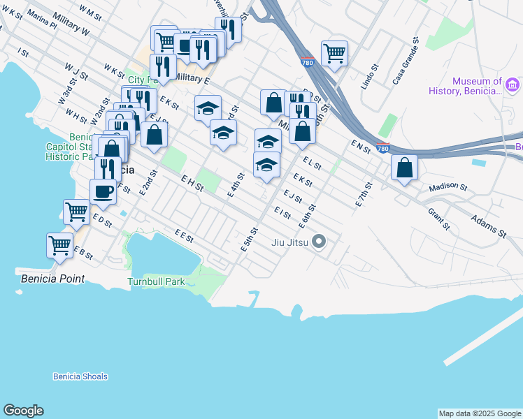 map of restaurants, bars, coffee shops, grocery stores, and more near 825 East 5th Street in Benicia