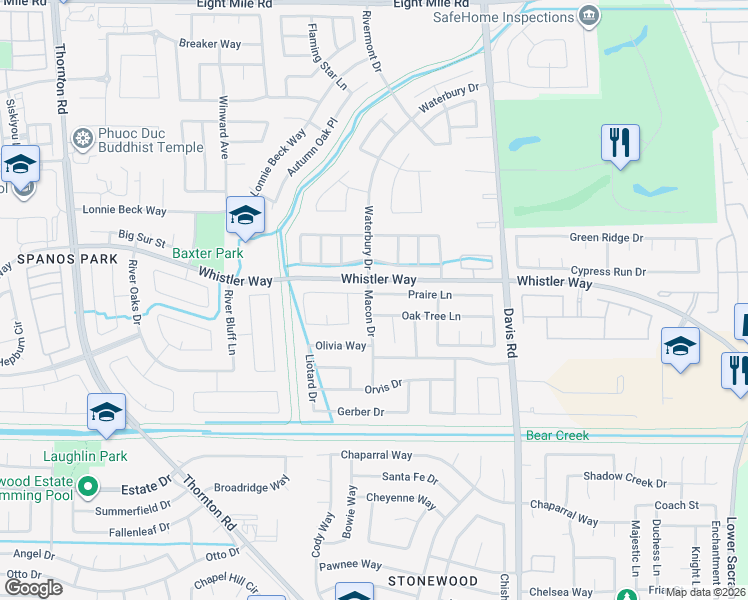 map of restaurants, bars, coffee shops, grocery stores, and more near 1962 Praire Lane in Stockton