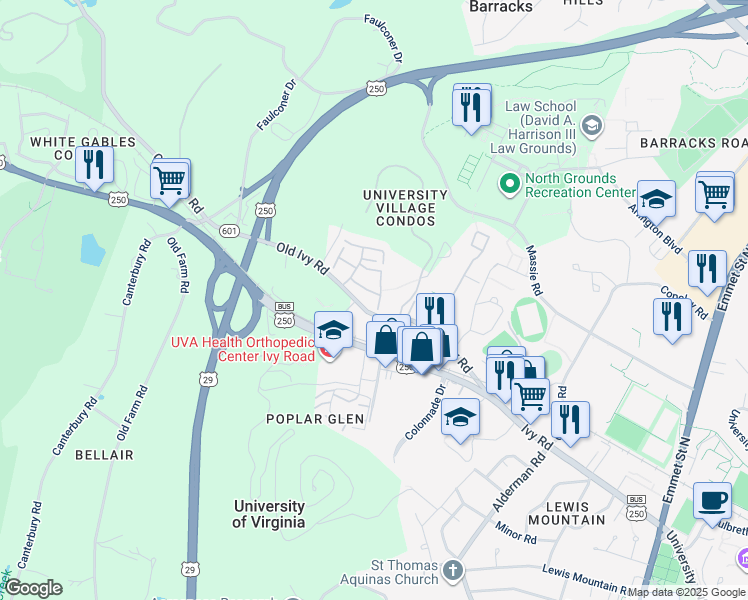 map of restaurants, bars, coffee shops, grocery stores, and more near 112 Harvest Drive in Charlottesville