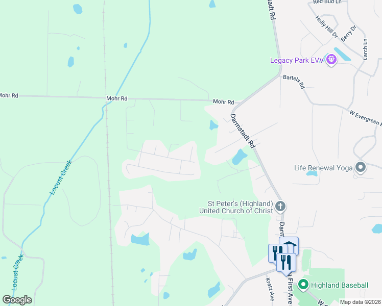 map of restaurants, bars, coffee shops, grocery stores, and more near Brady Ct. in Evansville