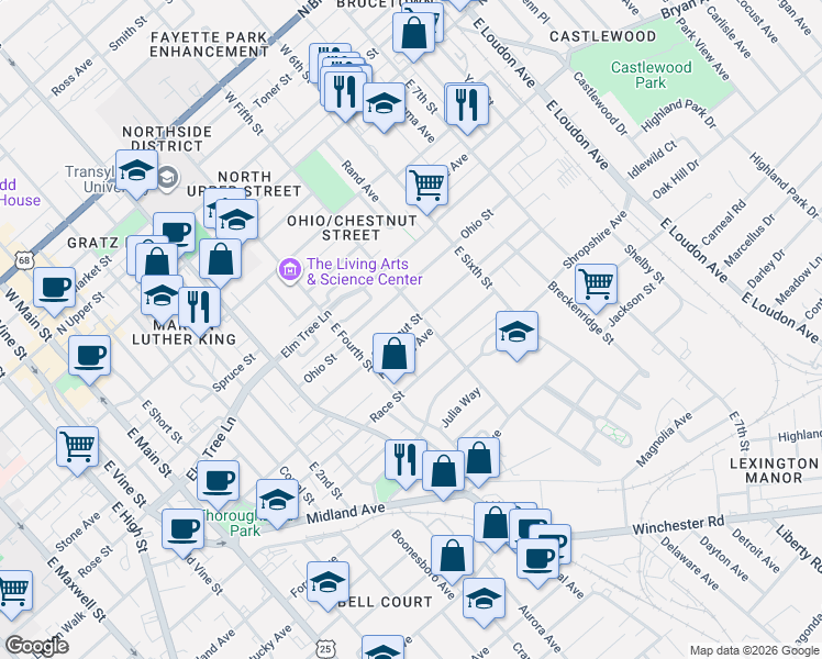 map of restaurants, bars, coffee shops, grocery stores, and more near 460 Chestnut Street in Lexington