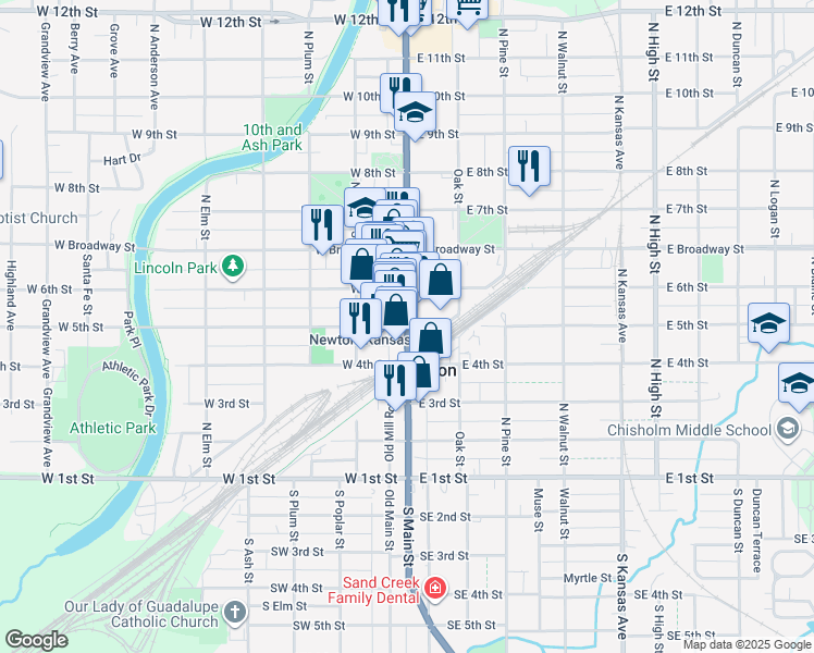 map of restaurants, bars, coffee shops, grocery stores, and more near 100 West 5th Street in Newton