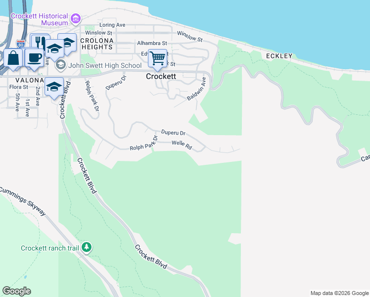 map of restaurants, bars, coffee shops, grocery stores, and more near 100 Welle Road in Crockett