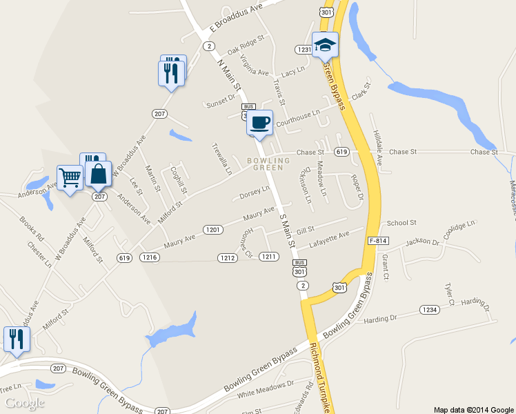 map of restaurants, bars, coffee shops, grocery stores, and more near 115 Maury Avenue in Bowling Green