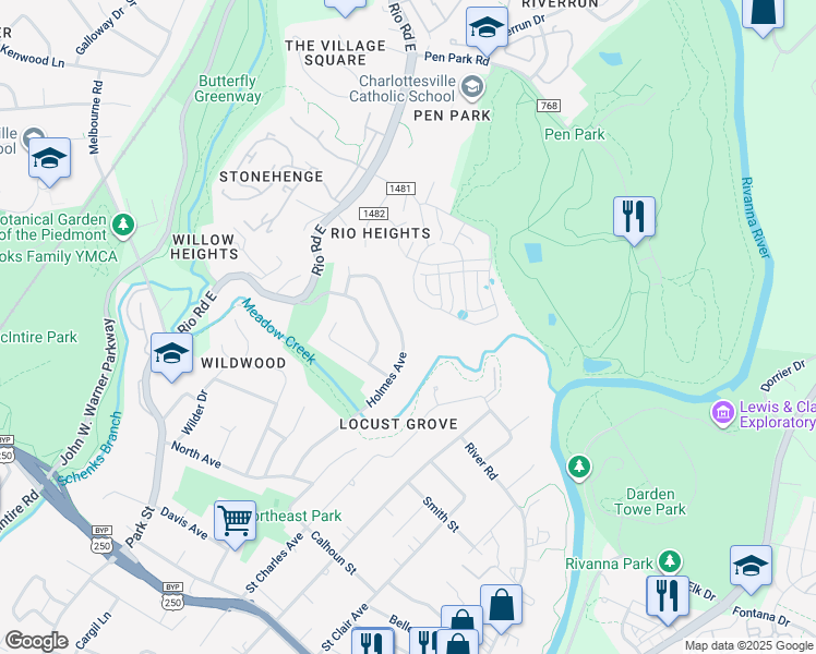 map of restaurants, bars, coffee shops, grocery stores, and more near 1218 Holmes Avenue in Charlottesville