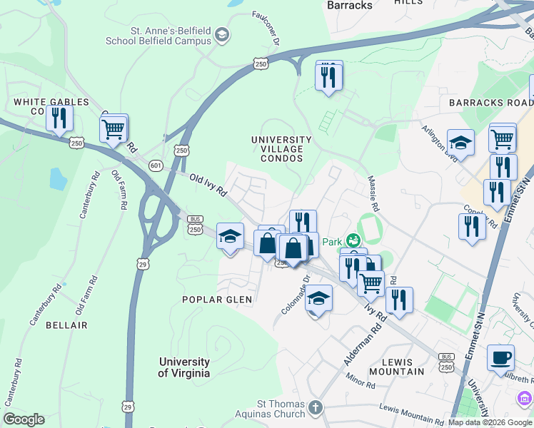 map of restaurants, bars, coffee shops, grocery stores, and more near 112 Harvest Drive in Charlottesville