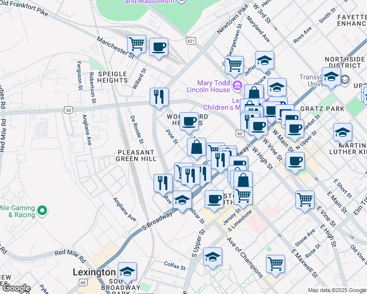 map of restaurants, bars, coffee shops, grocery stores, and more near 409 Patterson Street in Lexington