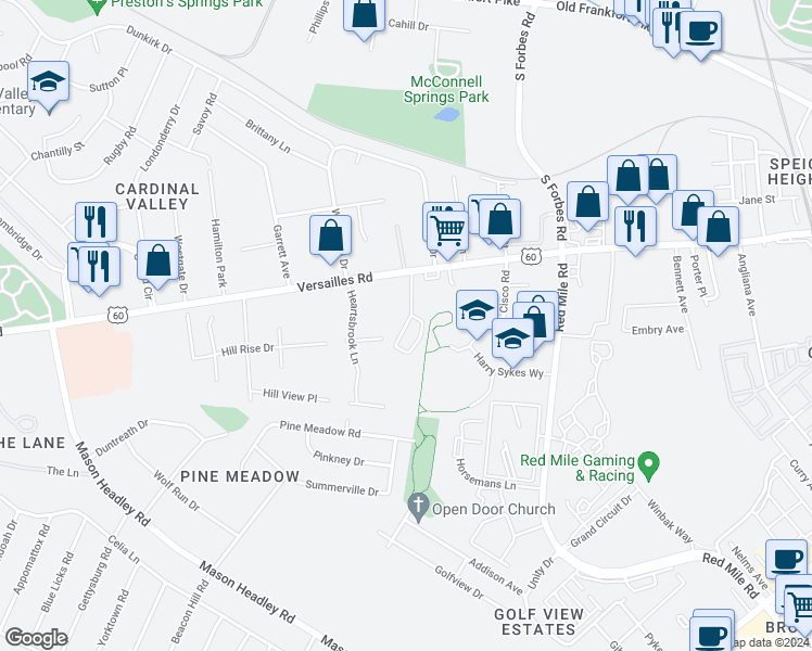 map of restaurants, bars, coffee shops, grocery stores, and more near 1510 Versailles Road in Lexington