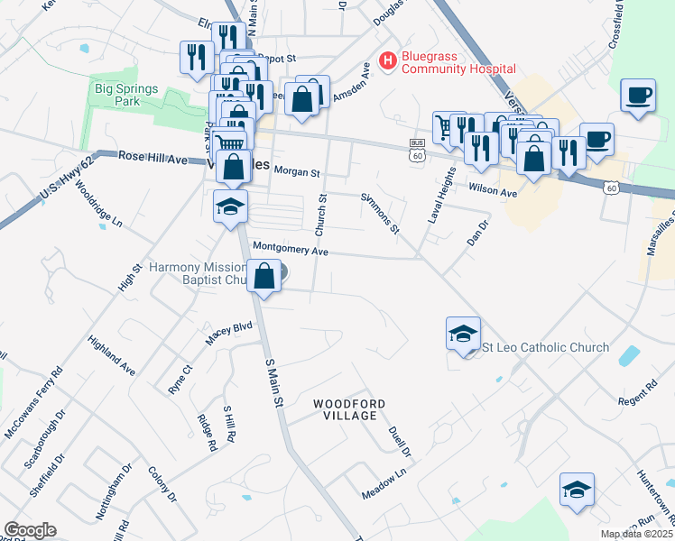 map of restaurants, bars, coffee shops, grocery stores, and more near 211 Berry Avenue in Versailles