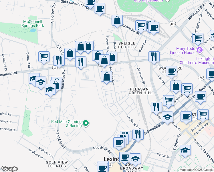 map of restaurants, bars, coffee shops, grocery stores, and more near 574 Angliana Avenue in Lexington