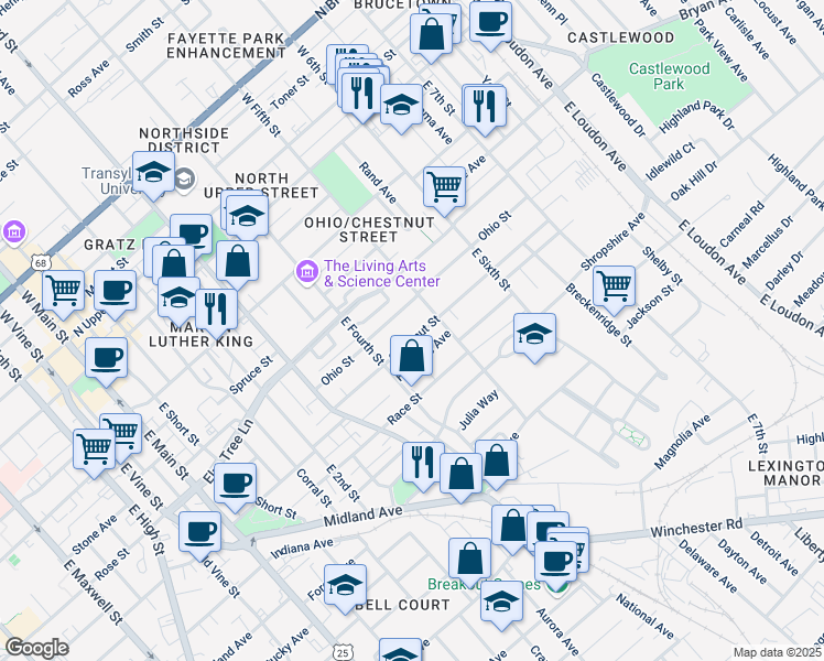 map of restaurants, bars, coffee shops, grocery stores, and more near 445 Chestnut Street in Lexington