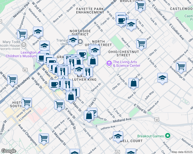 map of restaurants, bars, coffee shops, grocery stores, and more near 214 East Third Street in Lexington