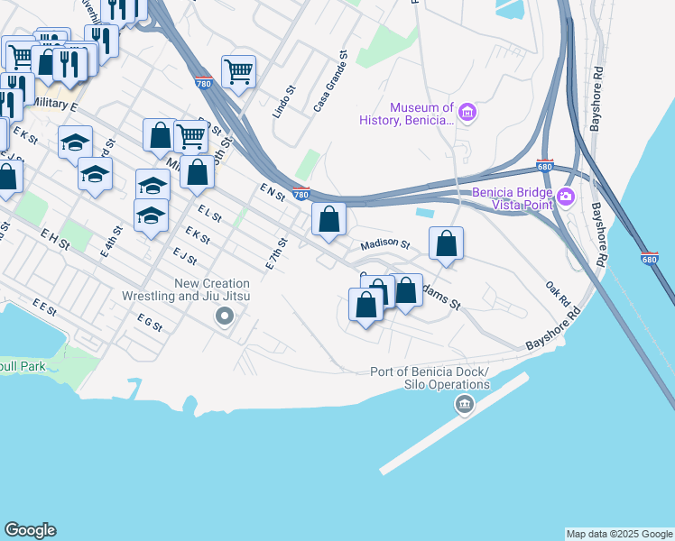 map of restaurants, bars, coffee shops, grocery stores, and more near 810 Military E in Benicia