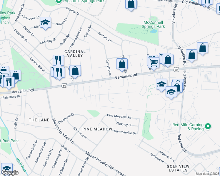 map of restaurants, bars, coffee shops, grocery stores, and more near 708 Hill Rise Court in Lexington