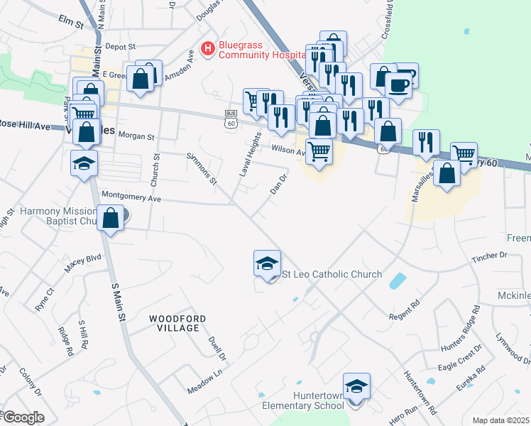 map of restaurants, bars, coffee shops, grocery stores, and more near 302 Spring Court in Versailles