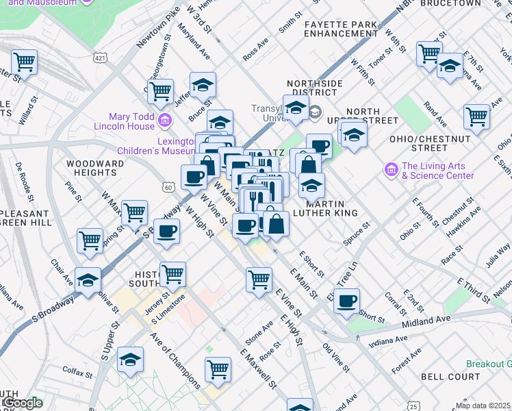 map of restaurants, bars, coffee shops, grocery stores, and more near 135 West Short Street in Lexington