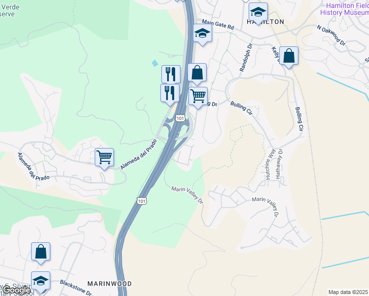map of restaurants, bars, coffee shops, grocery stores, and more near 1009 Green Oak Drive in Novato