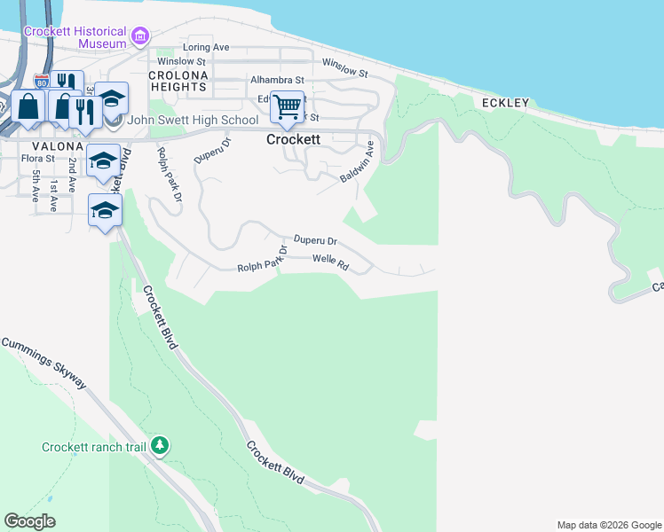 map of restaurants, bars, coffee shops, grocery stores, and more near 100 Welle Road in Crockett