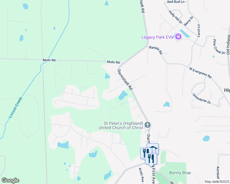 map of restaurants, bars, coffee shops, grocery stores, and more near 1212 April Drive in Evansville