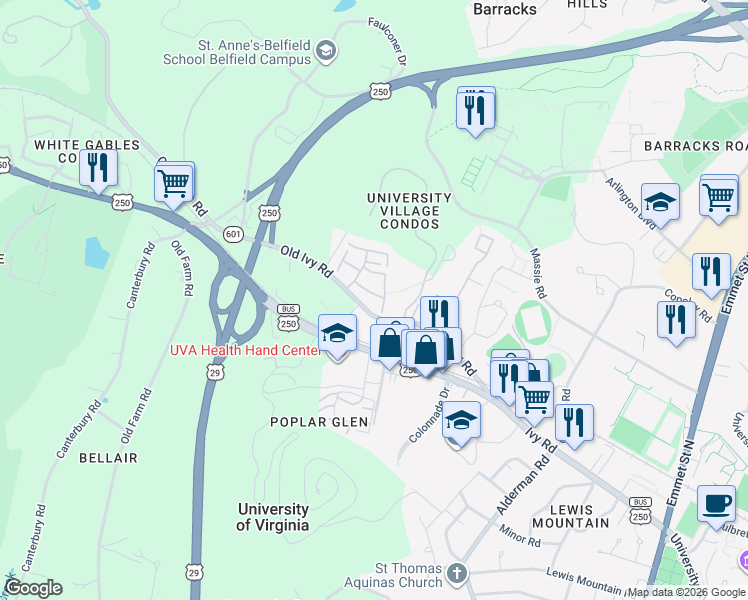 map of restaurants, bars, coffee shops, grocery stores, and more near 112 Harvest Drive in Charlottesville