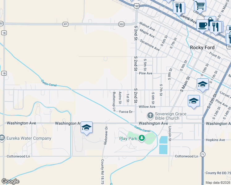 map of restaurants, bars, coffee shops, grocery stores, and more near 802-808 Buttercup Ln in Rocky Ford