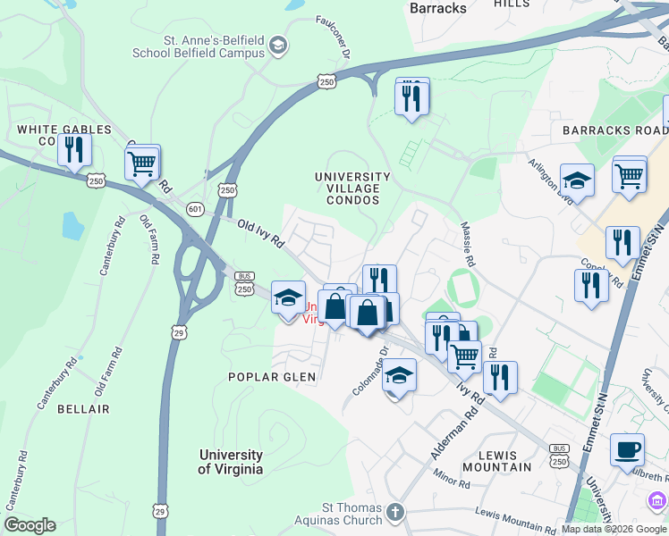 map of restaurants, bars, coffee shops, grocery stores, and more near 112 Harvest Drive in Charlottesville