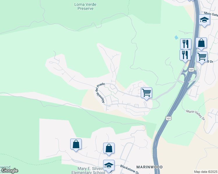 map of restaurants, bars, coffee shops, grocery stores, and more near 16 Hummingbird Way in Novato