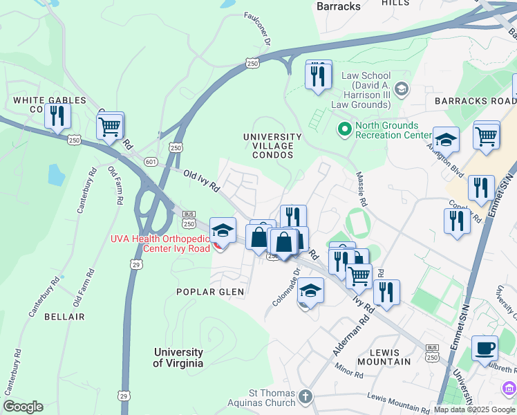 map of restaurants, bars, coffee shops, grocery stores, and more near 112 Harvest Drive in Charlottesville