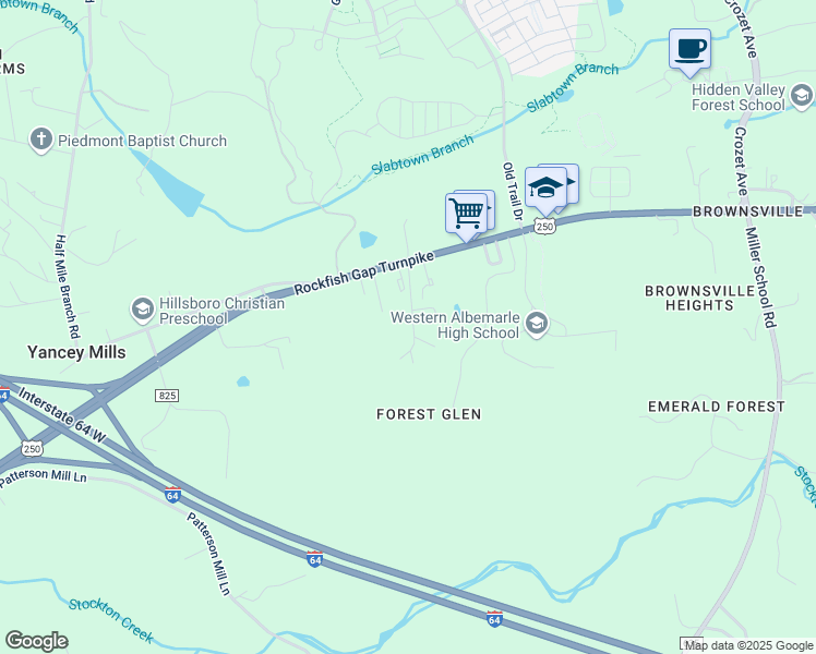 map of restaurants, bars, coffee shops, grocery stores, and more near 430 Free Town Lane in Crozet