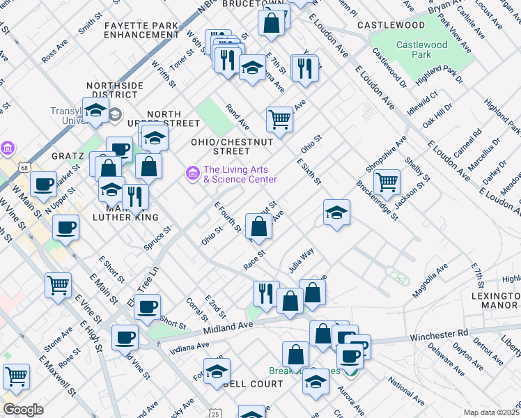 map of restaurants, bars, coffee shops, grocery stores, and more near 445 Chestnut Street in Lexington