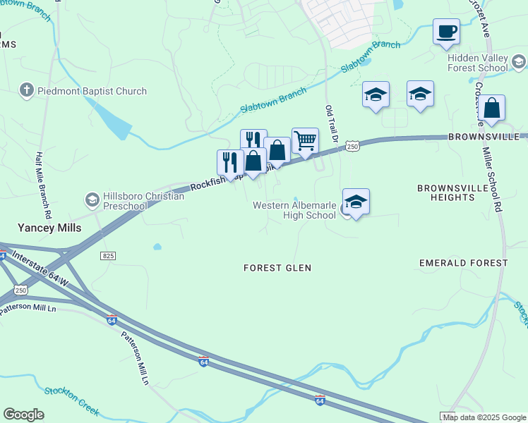 map of restaurants, bars, coffee shops, grocery stores, and more near 430 Free Town Lane in Crozet
