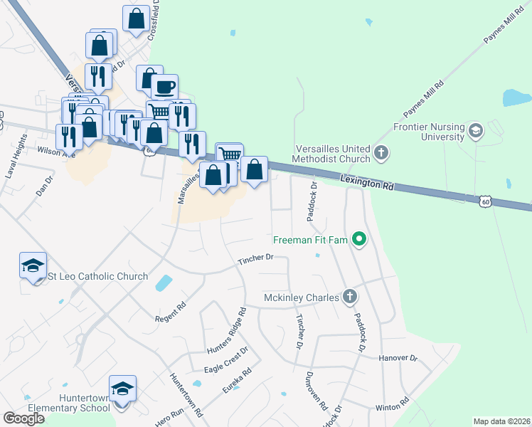 map of restaurants, bars, coffee shops, grocery stores, and more near 413 Foxchase Court in Versailles