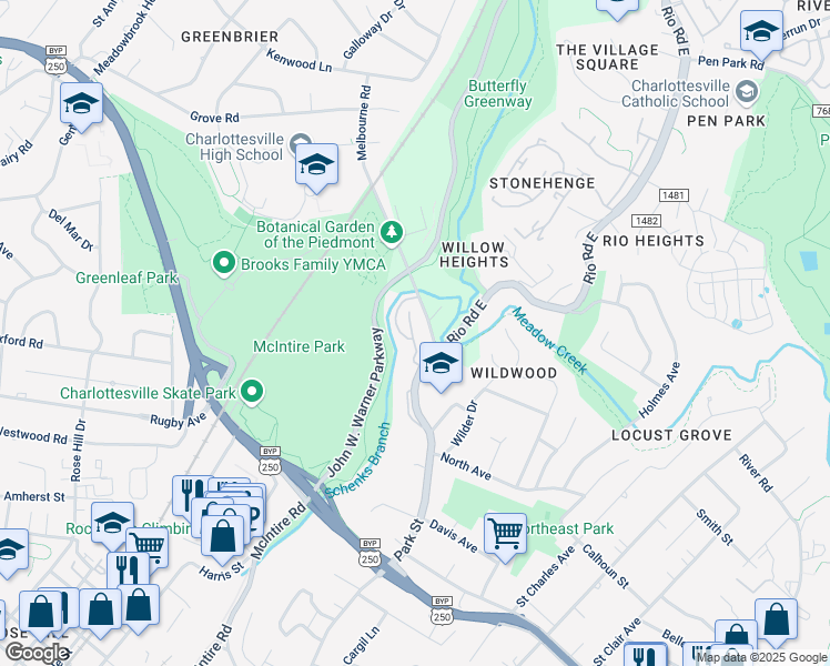 map of restaurants, bars, coffee shops, grocery stores, and more near 106 Melbourne Park Circle in Charlottesville