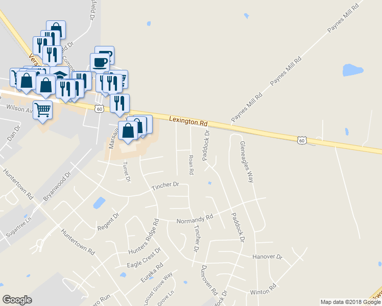 map of restaurants, bars, coffee shops, grocery stores, and more near 121 Roan Road in Versailles