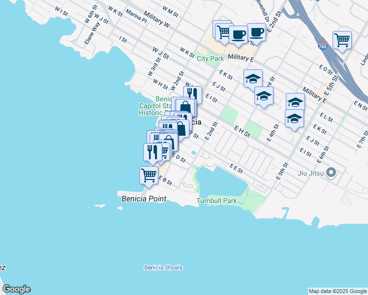 map of restaurants, bars, coffee shops, grocery stores, and more near 144 East E Street in Benicia