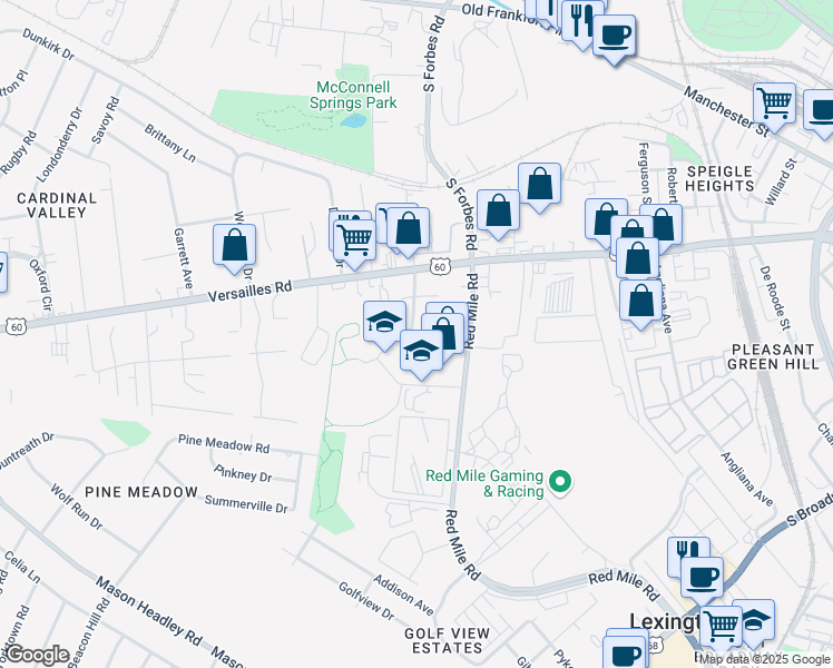 map of restaurants, bars, coffee shops, grocery stores, and more near 118 Cisco Road in Lexington