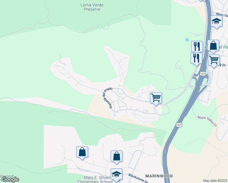 map of restaurants, bars, coffee shops, grocery stores, and more near 16 Hummingbird Way in Novato