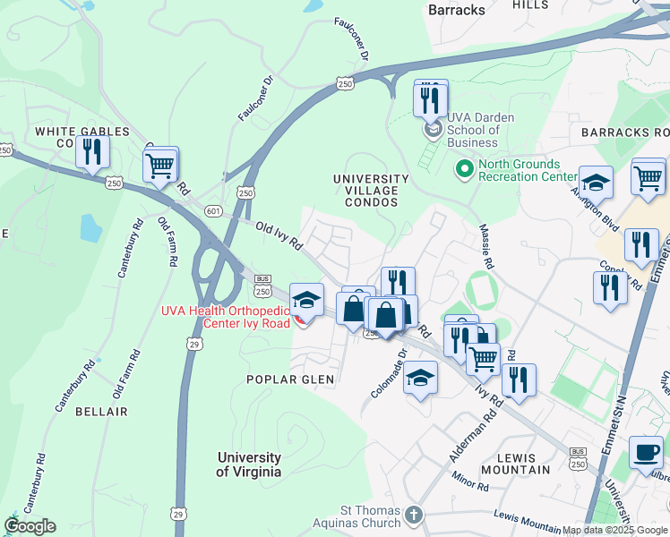 map of restaurants, bars, coffee shops, grocery stores, and more near 106 Harvest Drive in Charlottesville