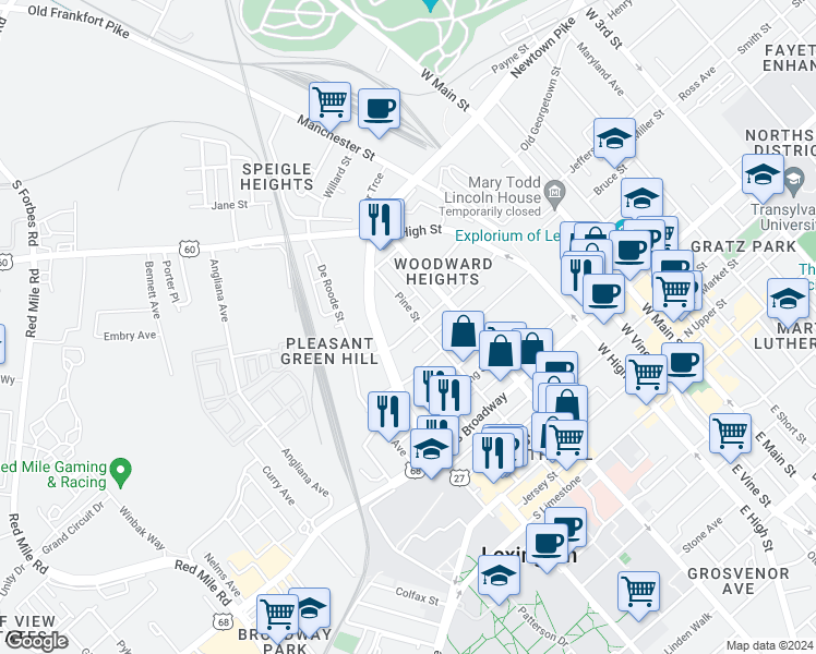 map of restaurants, bars, coffee shops, grocery stores, and more near 513 Merino Street in Lexington