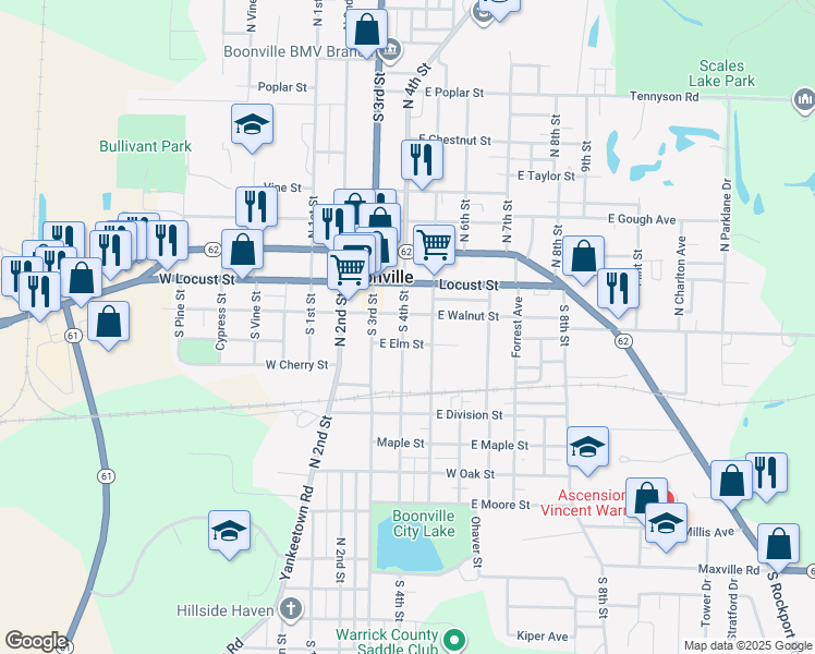 map of restaurants, bars, coffee shops, grocery stores, and more near 312 South 4th Street in Boonville