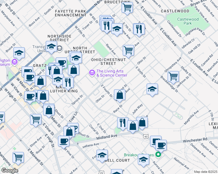 map of restaurants, bars, coffee shops, grocery stores, and more near 415 Ohio St in Lexington