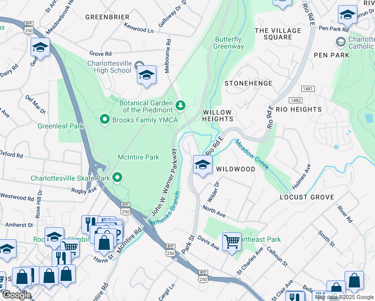 map of restaurants, bars, coffee shops, grocery stores, and more near 100 Melbourne Park Circle in Charlottesville