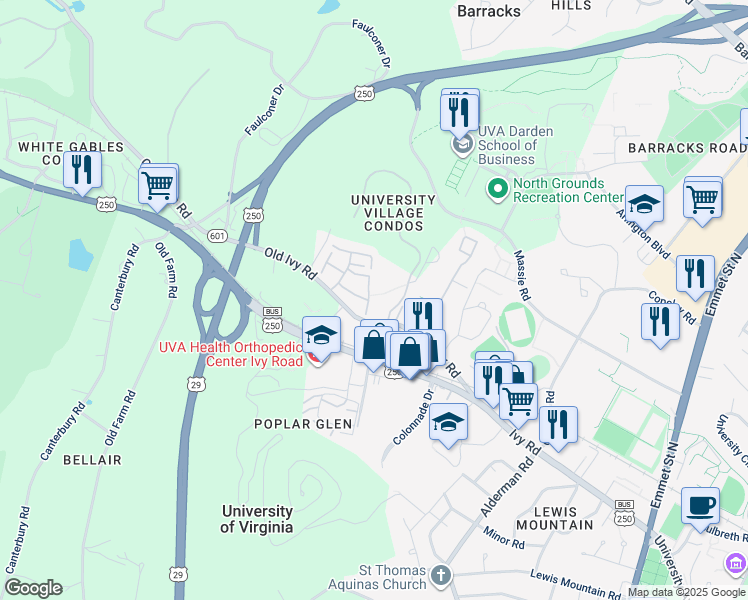 map of restaurants, bars, coffee shops, grocery stores, and more near 125 Harvest Drive in Charlottesville