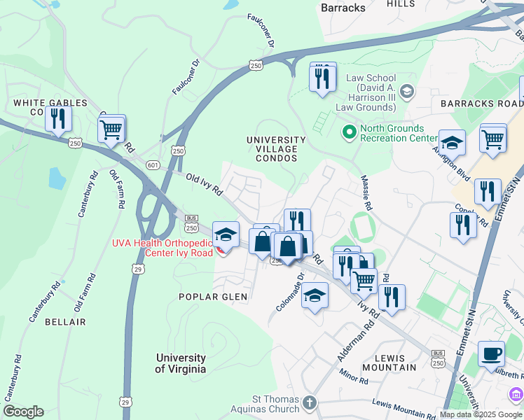 map of restaurants, bars, coffee shops, grocery stores, and more near 125 Harvest Drive in Charlottesville