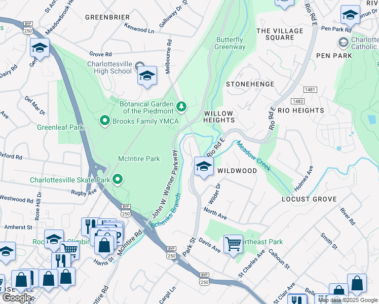 map of restaurants, bars, coffee shops, grocery stores, and more near 113 Melbourne Park Circle in Charlottesville